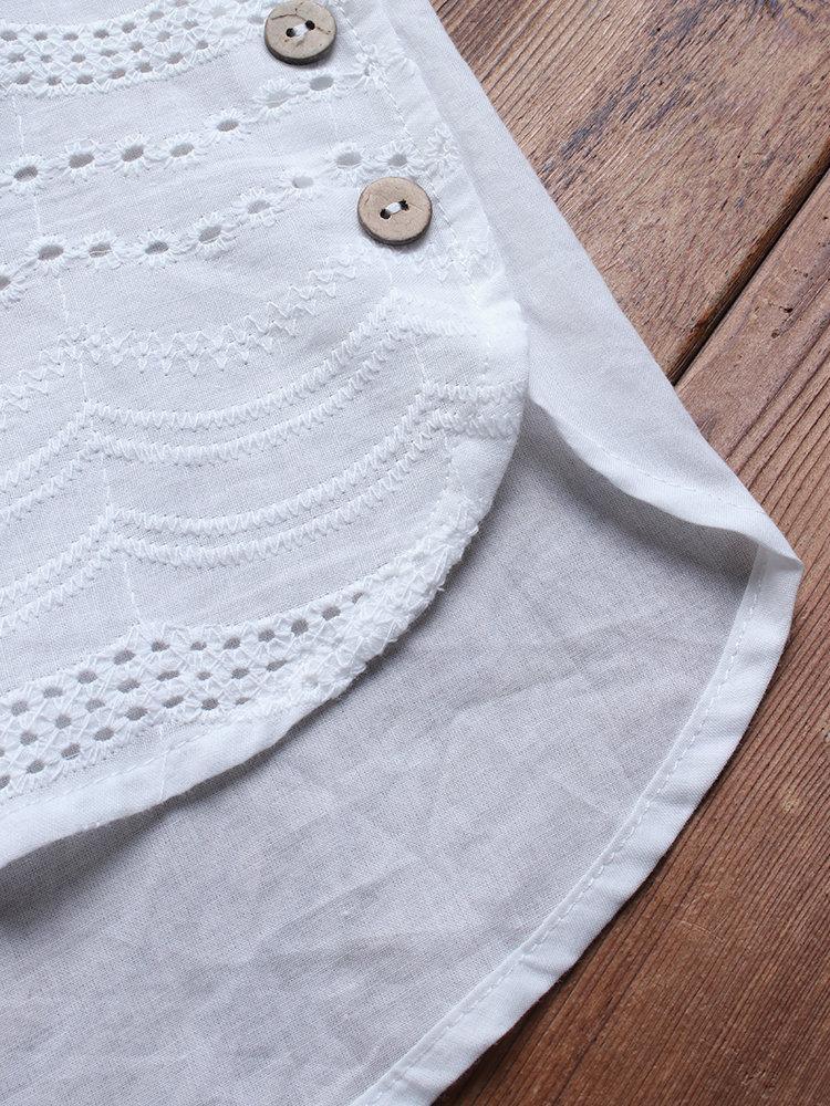 Women's Cotton Eyelet Short Sleeve Button Detail Casual Tunic Top